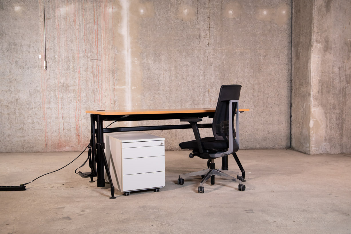 Werndl – elektrisch höhenverstellbarer Schreibtisch, Buche-Optik, Gestell dunkelblau, 160 x 80 cm